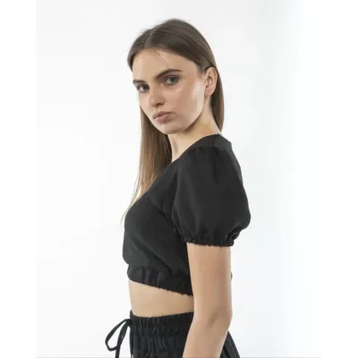Kadin Keten Pantalon Ve Crop Takım - Siyah Kadin Keten Pantalon Ve Crop Takım - Siyah