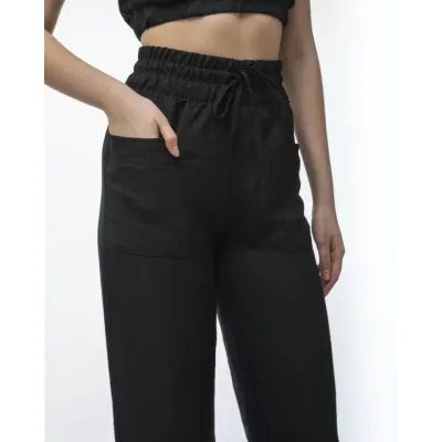 Kadin Keten Pantalon Ve Crop Takım - Siyah Kadin Keten Pantalon Ve Crop Takım - Siyah