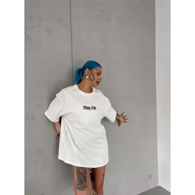 Unisex Bisiklet Yaka Baskılı Oversize T-Shirt - Beyaz Unisex Bisiklet Yaka Baskılı Oversize T-Shirt - Beyaz