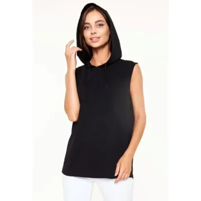 Unisex Kapşonlu Kolsuz Düz Oversize T-shirt - Siyah Unisex Kapşonlu Kolsuz Düz Oversize T-shirt - Siyah