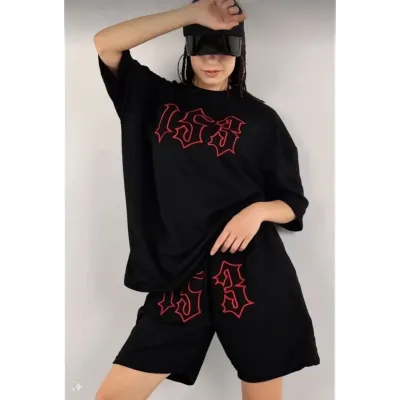 Unisex Nakış İşlemeli Şort Takım - Siyah Unisex Nakış İşlemeli Şort Takım - Siyah
