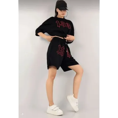 Unisex Nakış İşlemeli Şort Takım - Siyah Unisex Nakış İşlemeli Şort Takım - Siyah