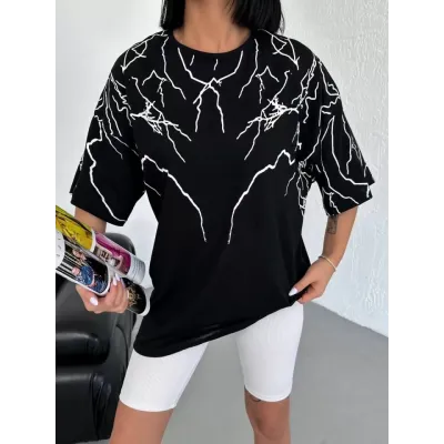 Unisex Bisiklet Yaka Baskılı Oversize T-Shirt - Siyah Unisex Bisiklet Yaka Baskılı Oversize T-Shirt - Siyah
