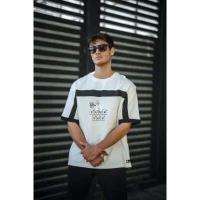 Unisex İki Yandan Fermuarlı Parçalı Baskılı Oversize T-shirt - Beyaz