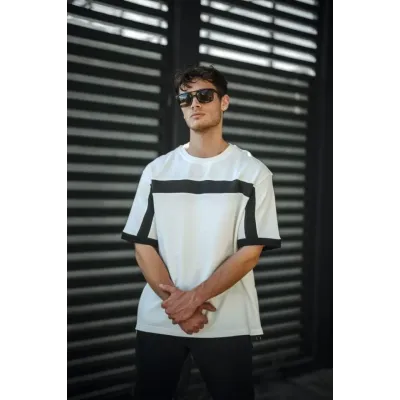 Unisex Yandan Fermuarlı Parçalı T-Shirt - Beyaz