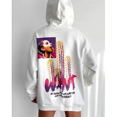 Baskılı Üç İplik Kapüşonlu Oversize Sweatshirt - Beyaz Baskılı Üç İplik Kapüşonlu Oversize Sweatshirt - Beyaz