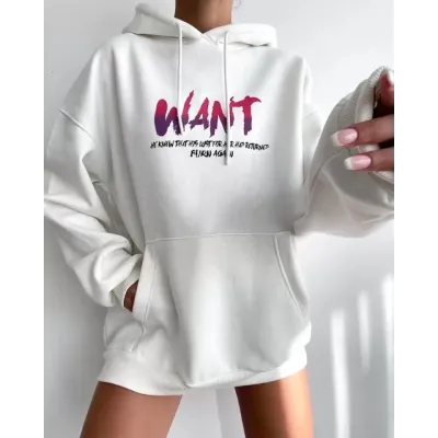 Baskılı Üç İplik Kapüşonlu Oversize Sweatshirt - Beyaz Baskılı Üç İplik Kapüşonlu Oversize Sweatshirt - Beyaz