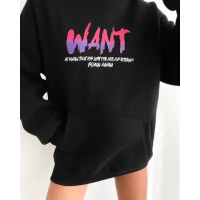 Baskılı Üç İplik Kapüşonlu Oversize Sweatshirt - Siyah Baskılı Üç İplik Kapüşonlu Oversize Sweatshirt - Siyah