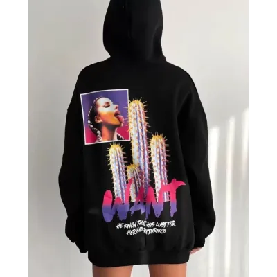 Baskılı Üç İplik Kapüşonlu Oversize Sweatshirt - Siyah Baskılı Üç İplik Kapüşonlu Oversize Sweatshirt - Siyah