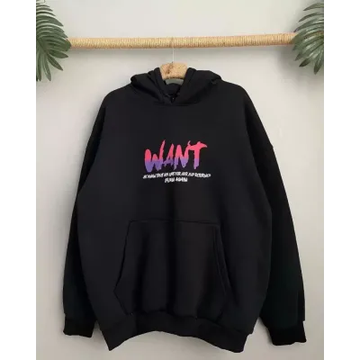 Baskılı Üç İplik Kapüşonlu Oversize Sweatshirt - Siyah Baskılı Üç İplik Kapüşonlu Oversize Sweatshirt - Siyah