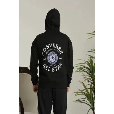 Unisex Kapüşonlu Üç İplik Oversize  Baskılı Sweatshirt - Siyah