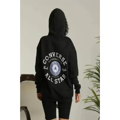 Unisex Kapüşonlu Üç İplik Oversize Baskılı Sweatshirt - Siyah Unisex Kapüşonlu Üç İplik Oversize Baskılı Sweatshirt - Siyah