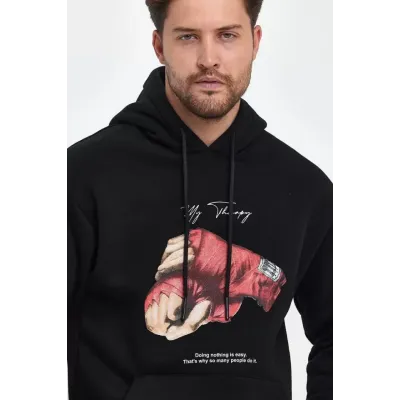 Unisex Kapüşonlu Üç İplik Oversize Baskılı Sweatshirt - Siyah