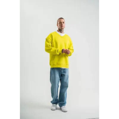 Geniş V Yaka Kol Ribana Detaylı SweatShirt - Sarı