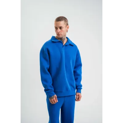 Unisex Double Oversize Patlı Yaka  SweatShirt - Mavi