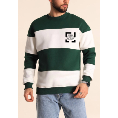 Bisiklet Yaka Parçalı Özel Üretim Sweatshirt- Yeşil