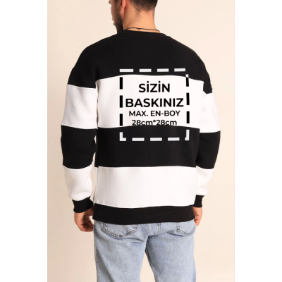 Bisiklet Yaka Parçalı Özel Üretim Sweatshirt- Siyah