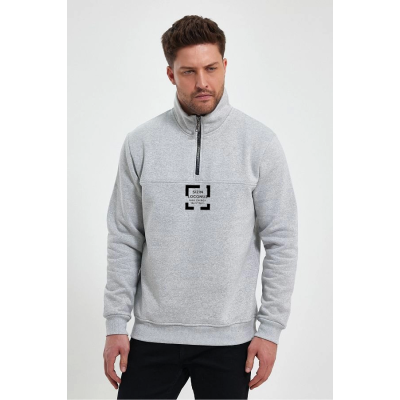 Oversize Yarım Farmuarlı Yakalı Özel Tasarım Basic SweatShirt - Gri
