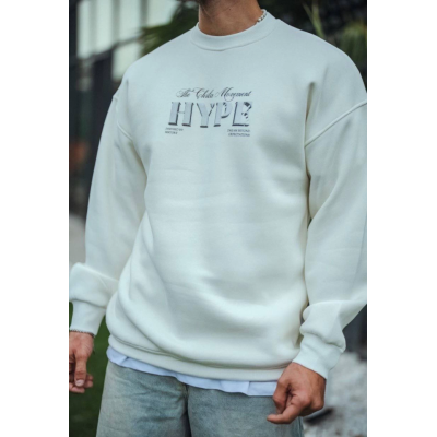 Üç İplik Bisiklet Yaka Baskılı SweatShirt - Beyaz