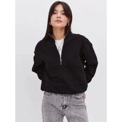 Oversize Yarım Farmuarlı Yakalı Basic SweatShirt - Siyah Oversize Yarım Farmuarlı Yakalı Basic SweatShirt - Siyah