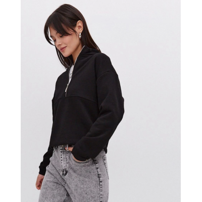 Oversize Yarım Farmuarlı Yakalı Basic SweatShirt - Siyah Oversize Yarım Farmuarlı Yakalı Basic SweatShirt - Siyah