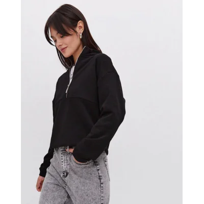Oversize Yarım Farmuarlı Yakalı Basic SweatShirt - Siyah Oversize Yarım Farmuarlı Yakalı Basic SweatShirt - Siyah
