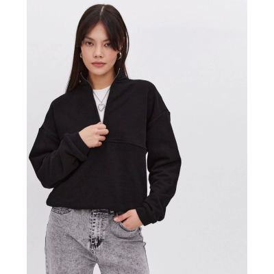 Oversize Yarım Farmuarlı Yakalı Basic SweatShirt - Siyah Oversize Yarım Farmuarlı Yakalı Basic SweatShirt - Siyah