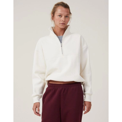 Oversize Yarım Farmuarlı Yakalı Basic SweatShirt - Beyaz Oversize Yarım Farmuarlı Yakalı Basic SweatShirt - Beyaz
