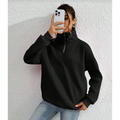 Unisex Uzun Kol Yarım Farmuarlı Yakalı Basic SweatShirt - Siyah Unisex Uzun Kol Yarım Farmuarlı Yakalı Basic SweatShirt - Siyah