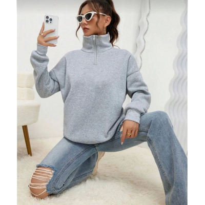 Unisex Uzun Kol Yarım Farmuarlı Yakalı Basic SweatShirt - Gri Unisex Uzun Kol Yarım Farmuarlı Yakalı Basic SweatShirt - Gri
