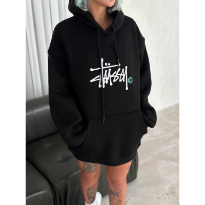 Üç İplik Kapşonlu Baskılı SweatShirt - Siyah Üç İplik Kapşonlu Baskılı SweatShirt - Siyah