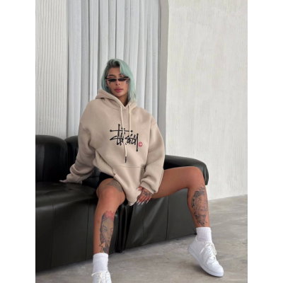 Üç İplik Kapşonlu Baskılı SweatShirt - Bej Üç İplik Kapşonlu Baskılı SweatShirt - Bej