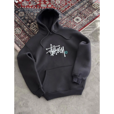 Üç İplik Kapşonlu Baskılı SweatShirt - Füme Üç İplik Kapşonlu Baskılı SweatShirt - Füme
