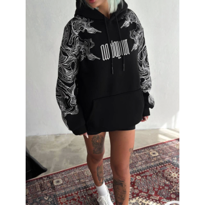 Kışlık Üç İplik Baskılı Kapşonlu SweatShirt - Siyah Kışlık Üç İplik Baskılı Kapşonlu SweatShirt - Siyah