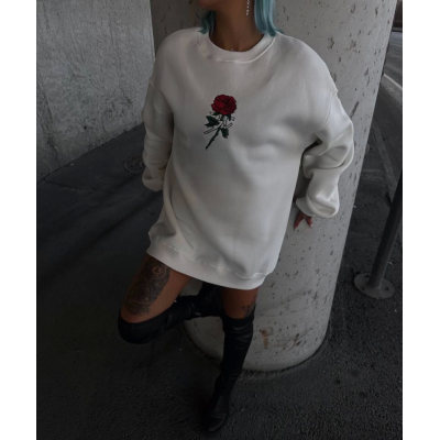 Oversize Üç İplik Bisiklet Yaka Baskılı SweatShirt - Beyaz Oversize Üç İplik Bisiklet Yaka Baskılı SweatShirt - Beyaz