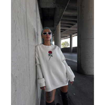 Oversize Üç İplik Bisiklet Yaka Baskılı SweatShirt - Beyaz Oversize Üç İplik Bisiklet Yaka Baskılı SweatShirt - Beyaz