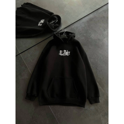 Üç İplik Penye Uzun Kol Kapşonlu Baskılı SweatShirt - Siyah Üç İplik Penye Uzun Kol Kapşonlu Baskılı SweatShirt - Siyah