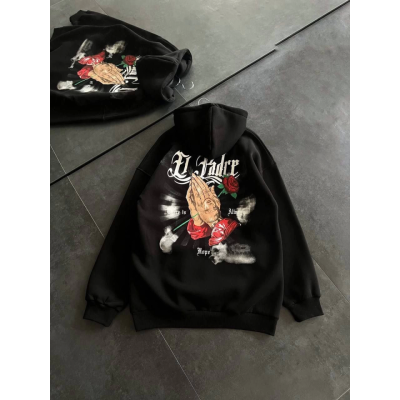 Üç İplik Penye Uzun Kol Kapşonlu Baskılı SweatShirt - Siyah Üç İplik Penye Uzun Kol Kapşonlu Baskılı SweatShirt - Siyah