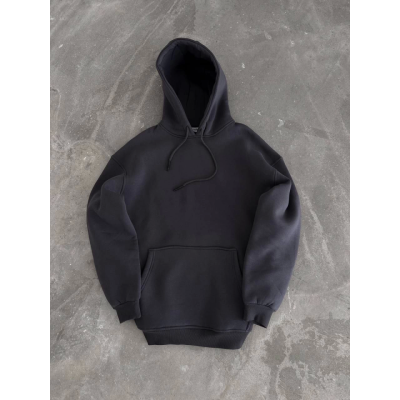 Kapşonlu Üç İplik Penye Basic SweatShirt - Füme Kapşonlu Üç İplik Penye Basic SweatShirt - Füme