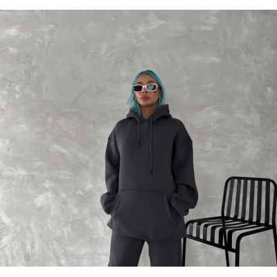 Kapşonlu Üç İplik Penye Basic SweatShirt - Füme Kapşonlu Üç İplik Penye Basic SweatShirt - Füme