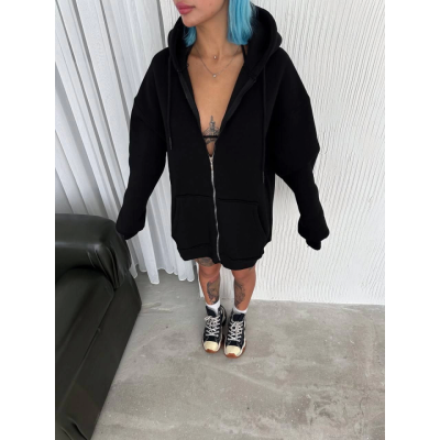 Oversize Tam Fermuarlı Uzun Kol Hırka - Siyah Oversize Tam Fermuarlı Uzun Kol Hırka - Siyah