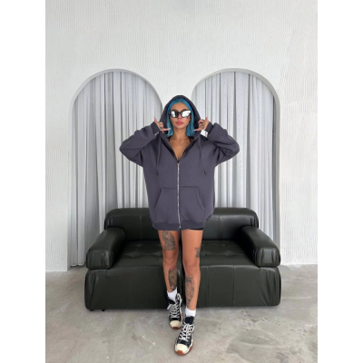 Oversize Tam Fermuarlı Uzun Kol Hırka - Füme Oversize Tam Fermuarlı Uzun Kol Hırka - Füme