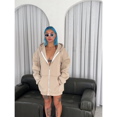 Oversize Tam Fermuarlı Uzun Kol Hırka - Bej Oversize Tam Fermuarlı Uzun Kol Hırka - Bej