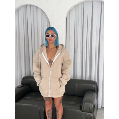 Oversize Tam Fermuarlı Uzun Kol Hırka - Bej Oversize Tam Fermuarlı Uzun Kol Hırka - Bej