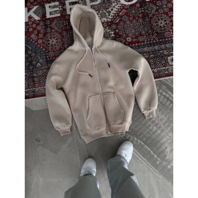 Oversize Tam Fermuarlı Uzun Kol Hırka - Bej Oversize Tam Fermuarlı Uzun Kol Hırka - Bej