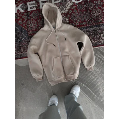 Oversize Tam Fermuarlı Uzun Kol Hırka - Bej Oversize Tam Fermuarlı Uzun Kol Hırka - Bej
