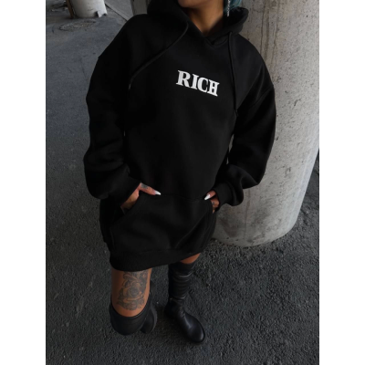 Uzun Kol Kapşonlu Göğüs Baskılı SweatShirt - Siyah Uzun Kol Kapşonlu Göğüs Baskılı SweatShirt - Siyah