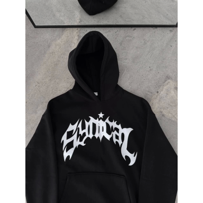 Üç İplik Kapşonlu Baskılı Oversize SweatShirt- Siyah Üç İplik Kapşonlu Baskılı Oversize SweatShirt- Siyah