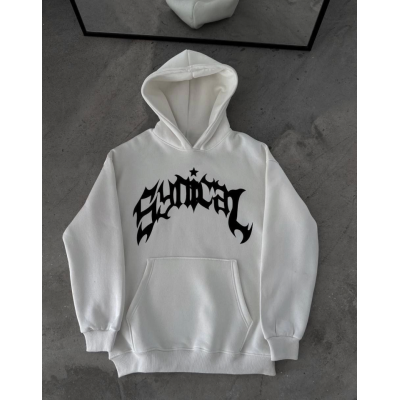 Üç İplik Kapşonlu Baskılı Oversize SweatShirt- Beyaz Üç İplik Kapşonlu Baskılı Oversize SweatShirt- Beyaz