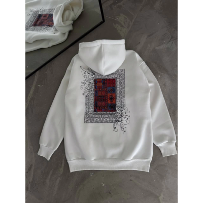 Uzun Kol Kapşonlu Ön Ve Arka Baskılı SweatShirt - Beyaz Uzun Kol Kapşonlu Ön Ve Arka Baskılı SweatShirt - Beyaz